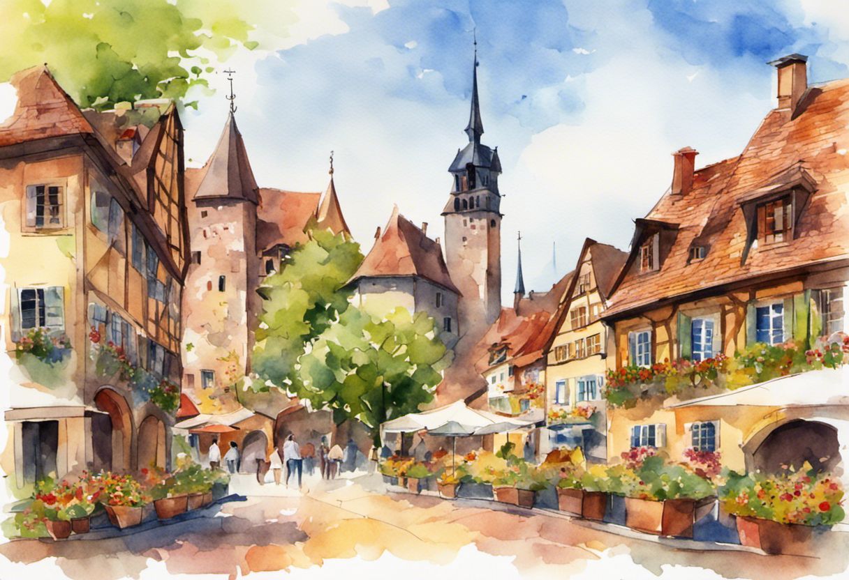 Beautiful watercolor illustration of Alsace's landmarks.