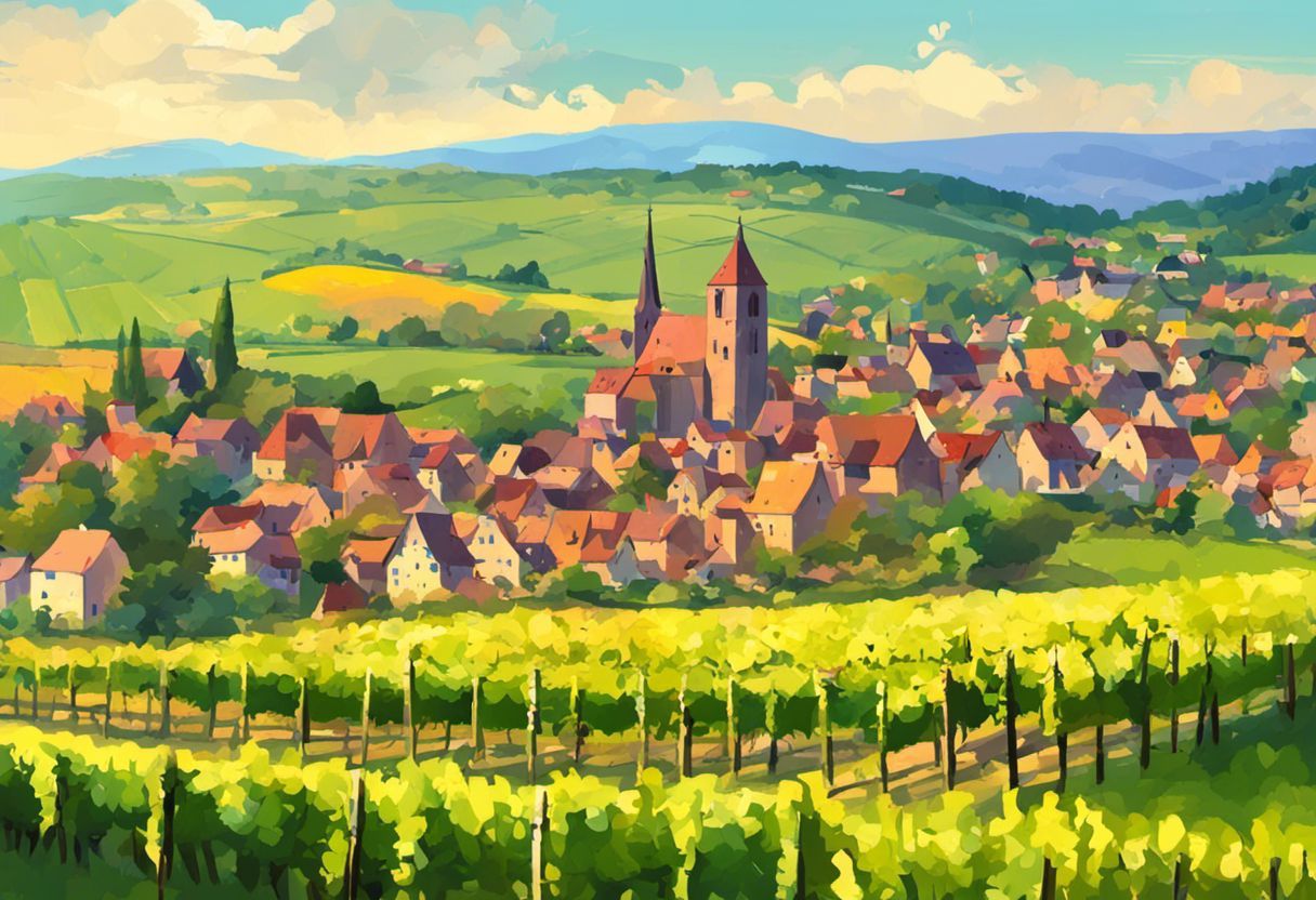 Illustration colorée d'Alsace : villages et vignobles