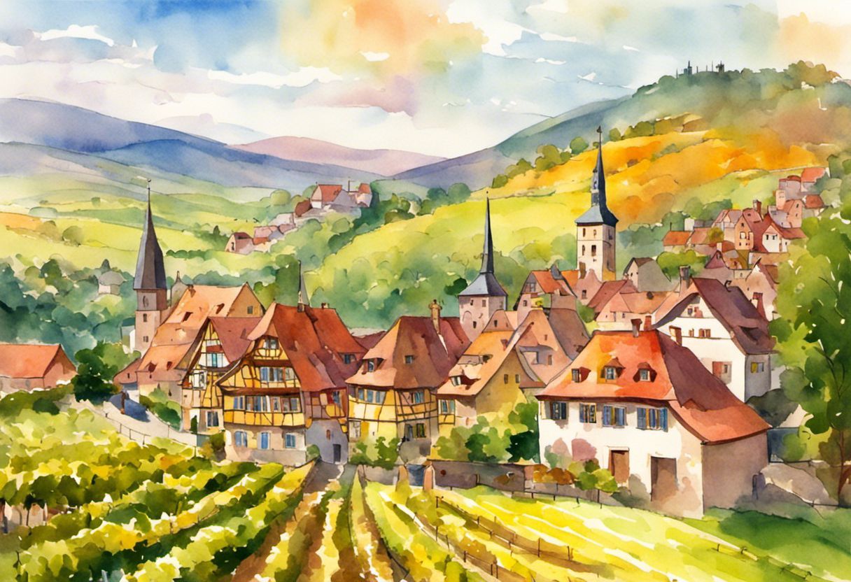 Paysage d'Alsace en couleurs : vignobles, châteaux et villages