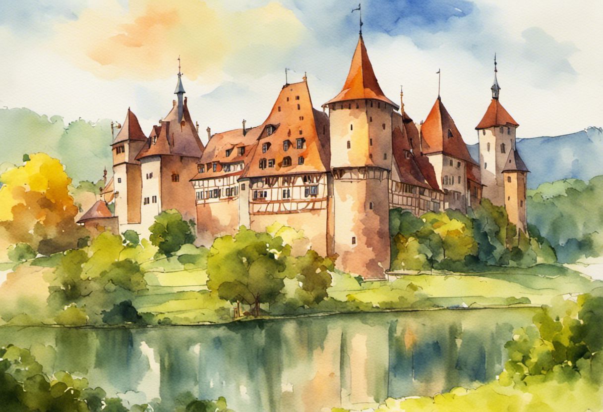 Vue féerique d'un château alsacien en couleurs