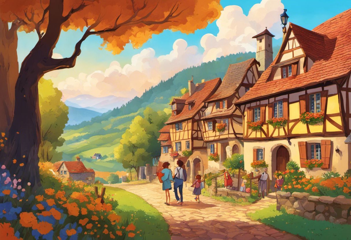 Voyage ensemble en dessin animé dans le beau paysage d'Alsace