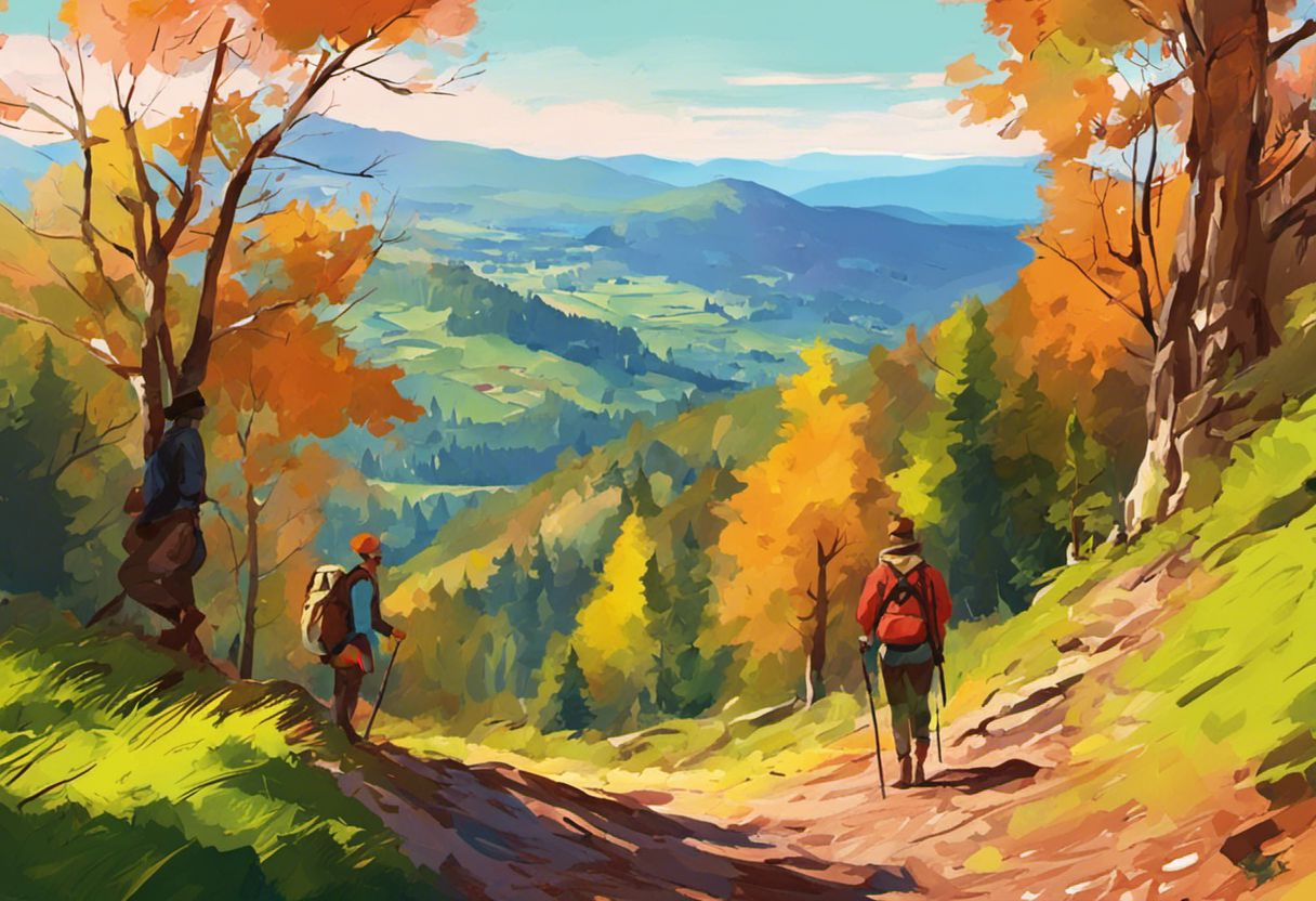 Vibrant digital painting of hikers exploring Alsace mountains.
