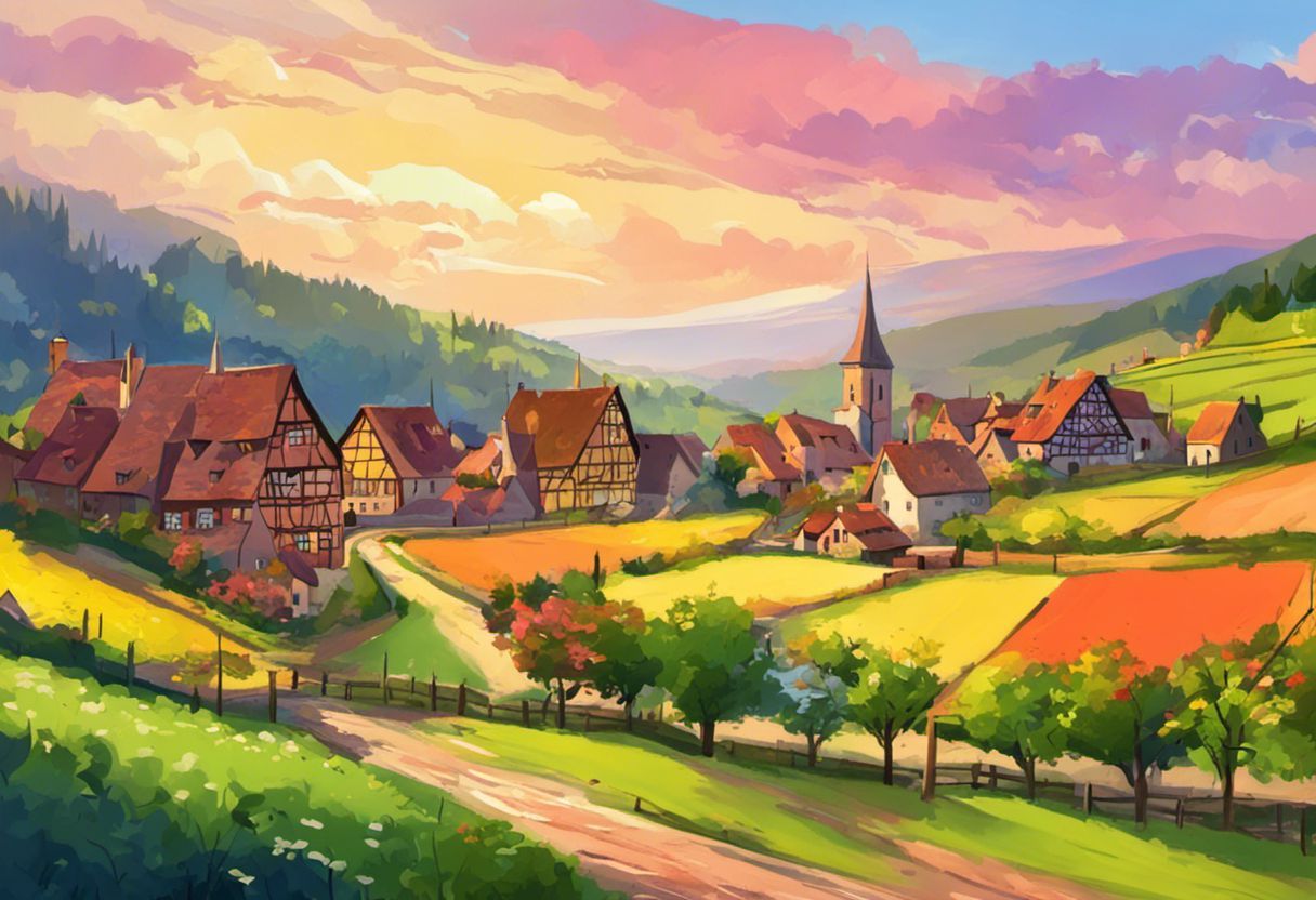 Peinture numérique vivante d'un village alsacien pittoresque